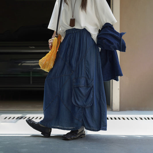 【ボトムス】初秋新作 日系デザイン×切り替えポケット付きデニムロングスカート｜落ち感のある素材で大人っぽく決まる一枚【JZシリーズ】