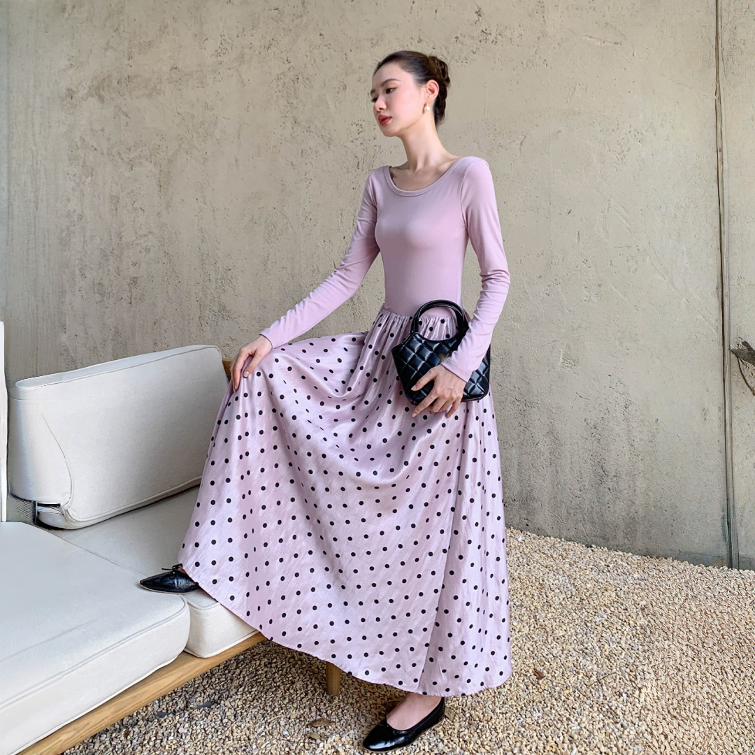 【ワンピース】春 秋 冬 フリルギャザー 切り替え ウエストマーク ベルト 長袖 ワンピース