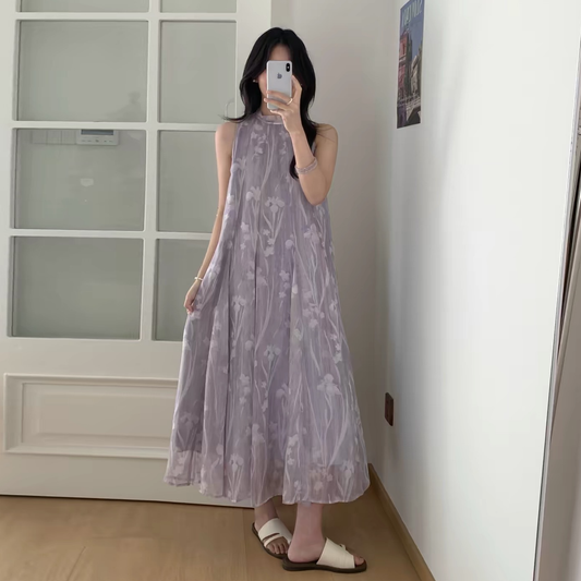 【ワンピース】フレンチリゾート風 スタンドカラー リボンタイ ノースリーブ ワンピース レディース アイリス柄 ロング丈【SHシリーズ】