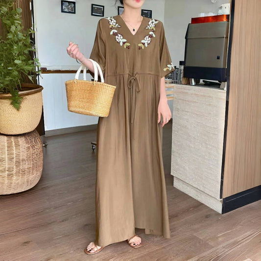 【ワンピース】高品質ぽっちゃりさん向けレトロ刺繍 半袖ワンピース｜ゆったり 大きいサイズ対応