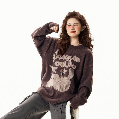 【トップス】アメリカンレトロ 猫柄ジャカード クルーネック ニット レディース 秋 ゆったり ルーズ シンプル 着回し セーター【FCシリーズ】