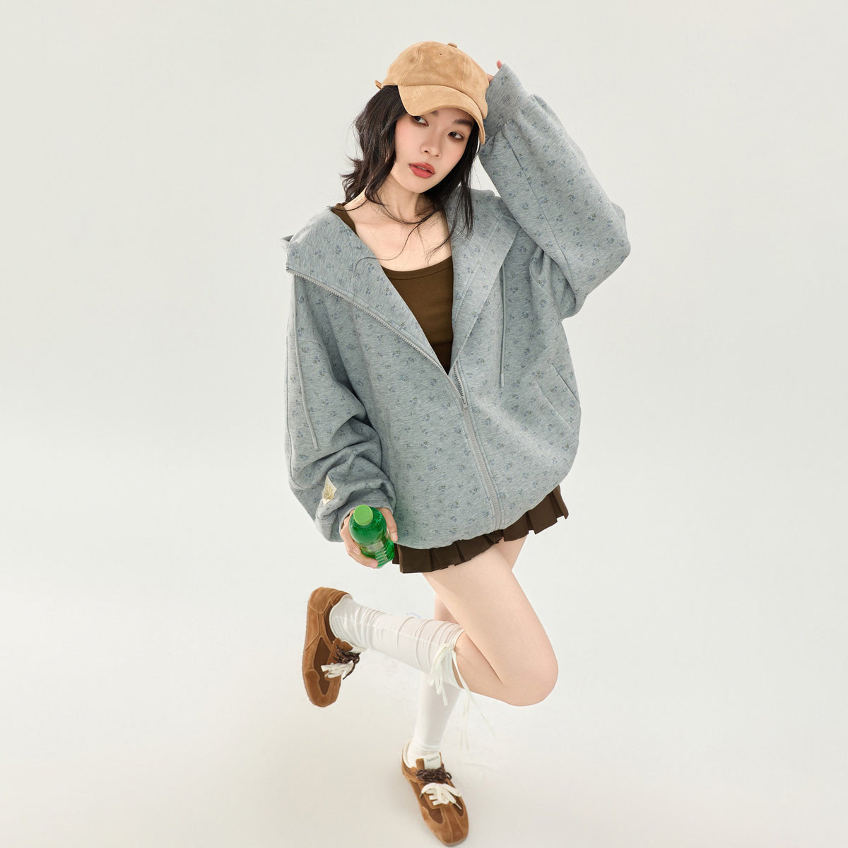 【アウター】小花柄総柄スウェットジャケット レディース 秋新作 フード付き ジップアップ ゆったり スクールテイスト【FCシリーズ】