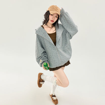 【アウター】小花柄総柄スウェットジャケット レディース 秋新作 フード付き ジップアップ ゆったり スクールテイスト【FCシリーズ】