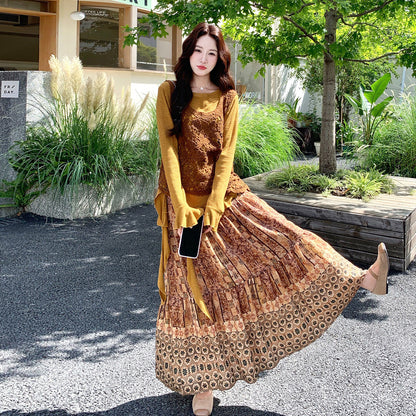 3点セット！【セットアップ】不規則デザインニット＆透かし編みベスト＆花柄スカート 上下セット レディース 韓国風 大人可愛い 秋コーデ【SHシリーズ】