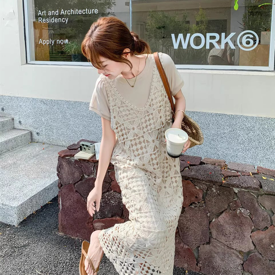 2点セット！【セットアップ】透かし編みカーデ+ 半袖ワンピースセットアップ｜激かわ映えロングワンピース【JZシリーズ】