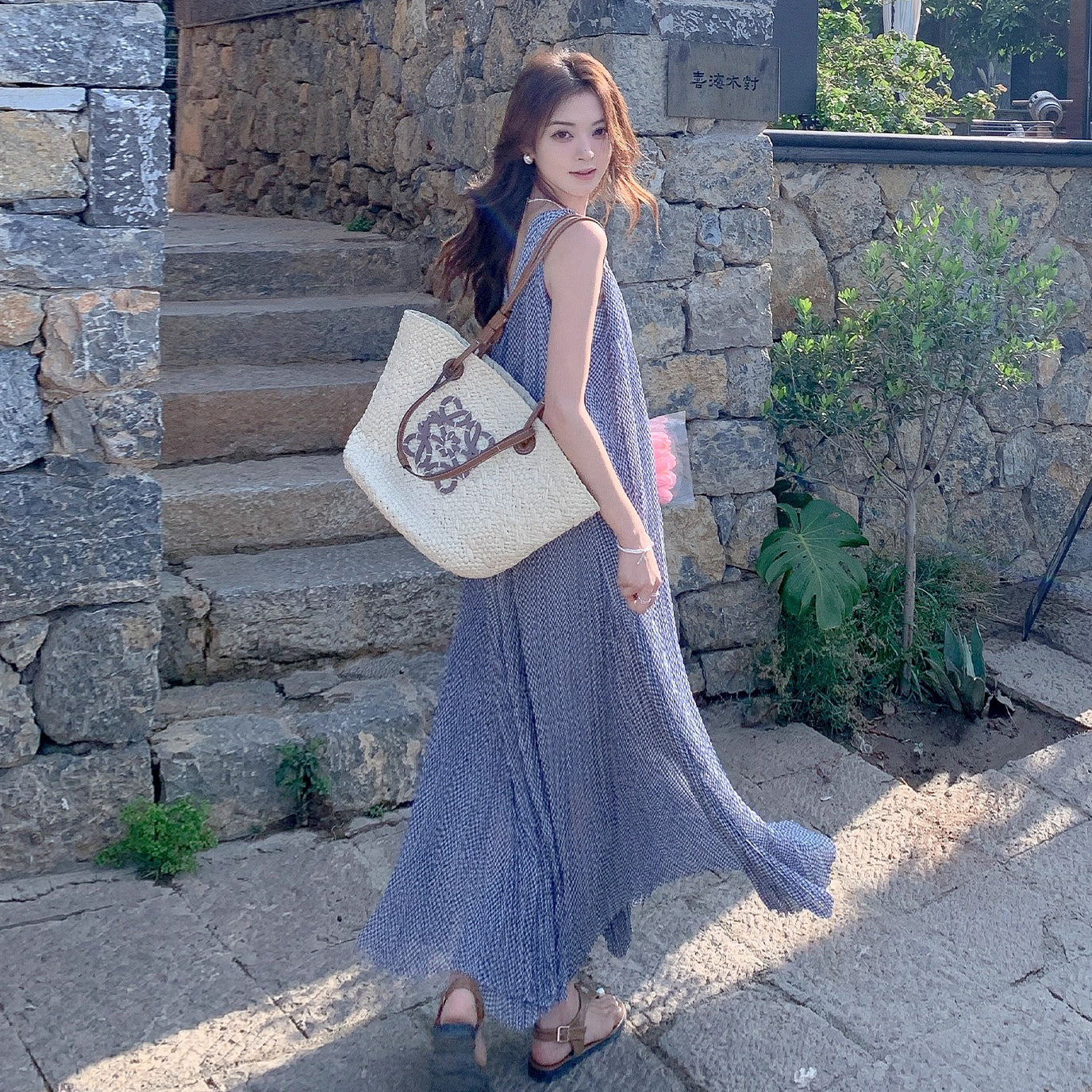 【ワンピース】韓国風 千鳥格 ノースリーブワンピース レディース 夏 大きめ裾 ロング丈 高見え【SHシリーズ】