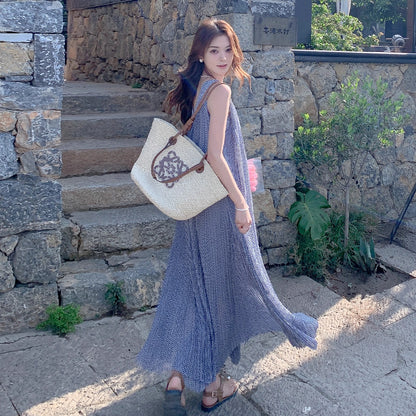 【ワンピース】韓国風 千鳥格 ノースリーブワンピース レディース 夏 大きめ裾 ロング丈 高見え【SHシリーズ】