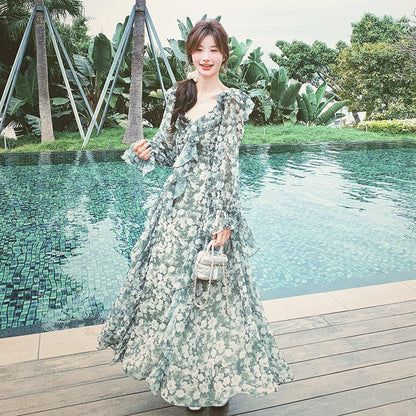 【ワンピース】森系花柄シフォン長袖ワンピース レディース 春夏秋 薄手 ウエストマーク Aライン ロング丈【SHシリーズ】