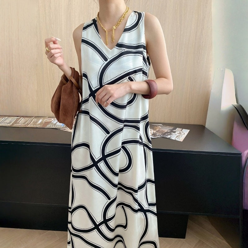 【ワンピース】夏 	オールドマネースタイル ラインプリント Vネック ノースリーブワンピース【SNシリーズ】
