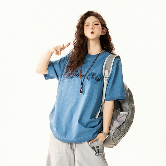 【トップス】アメリカンレトロ ロゴ アップリケ刺繍 Tシャツ レディース 夏 半袖 クルーネック オーバーサイズ ゆったり デザインカットソー【FCシリーズ】