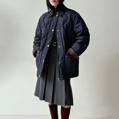 【アウター】高品質 ホワイトグースダウン90％ ダウンコート レディース レトロ 菱形キルティング レザー襟 冬【JZシリーズ】