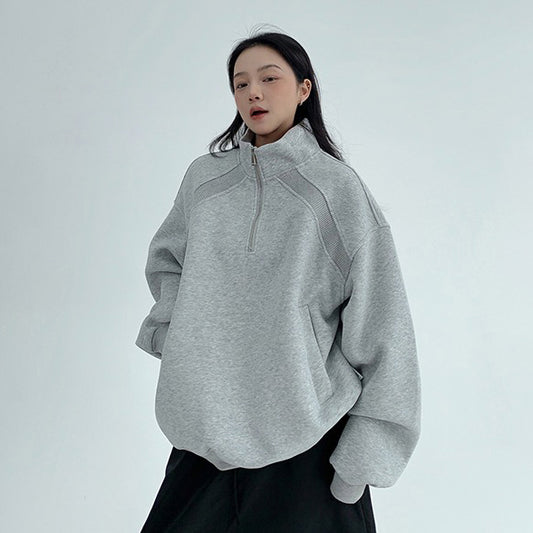 【トップス】廓形リラックス感 ヴィンテージスタイル スタンドカラースウェットショート丈 パーカー【FCシリーズ】