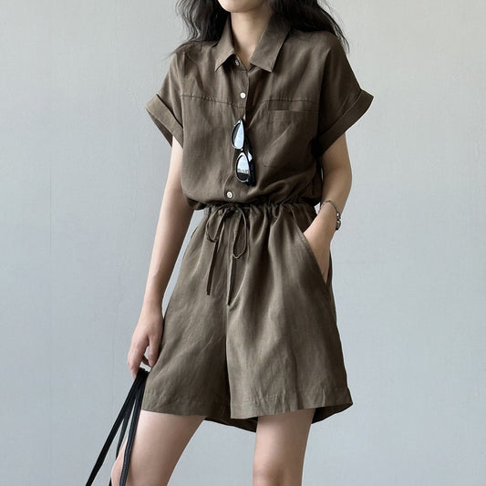 【来年夏再販】【ボトムス】夏新作 シンプル＆ゆったり テンセルリネン半袖オールインワン【JZシリーズ】