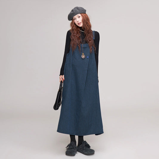 【ワンピース】上品スクール風 ブルーストライプ サロペットスカート レディース 秋冬 ゆったり ウールノースリーブワンピース【JZシリーズ】