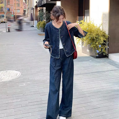 2点セット！【セットアップ】春秋 細見えセットアップ レディース フリンジデニムジャケット＋ワイドパンツ 上下セット【JZシリーズ】