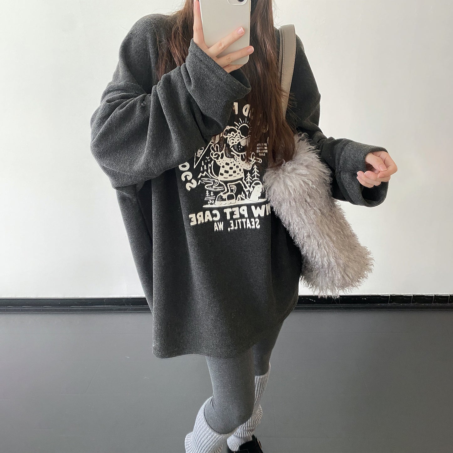 【トップス】子犬パイルプリント 裏起毛 クルーネック ゆったりスウェット 春秋冬 パーカー【FCシリーズ】