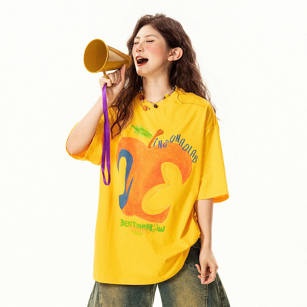 【トップス】アメリカンレトロ 抽象アップル柄 半袖Tシャツ レディース 夏 デザイン感 ゆったり カジュアル【FCシリーズ】【15〜20日発送】