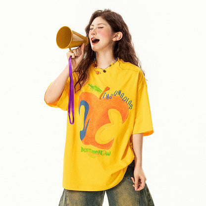 【トップス】アメリカンレトロ 抽象アップル柄 半袖Tシャツ レディース 夏 デザイン感 ゆったり カジュアル【FCシリーズ】【15〜20日発送】