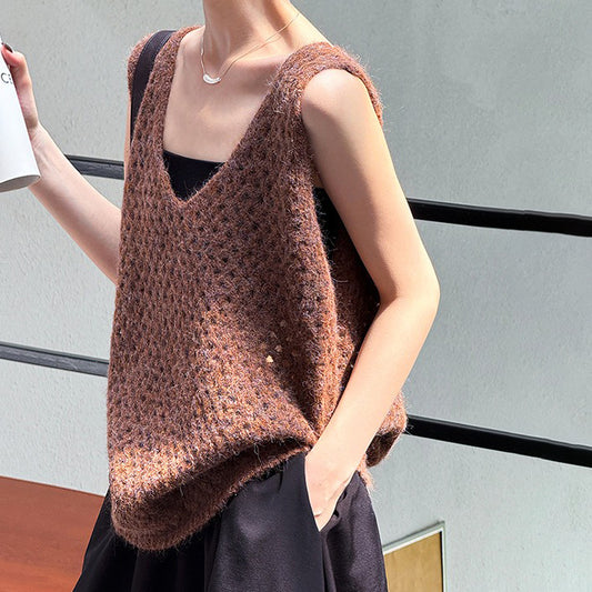 【トップス】秋先取り ゆるっと着られるレイヤードニットベスト 透かしデザイン【JZシリーズ】