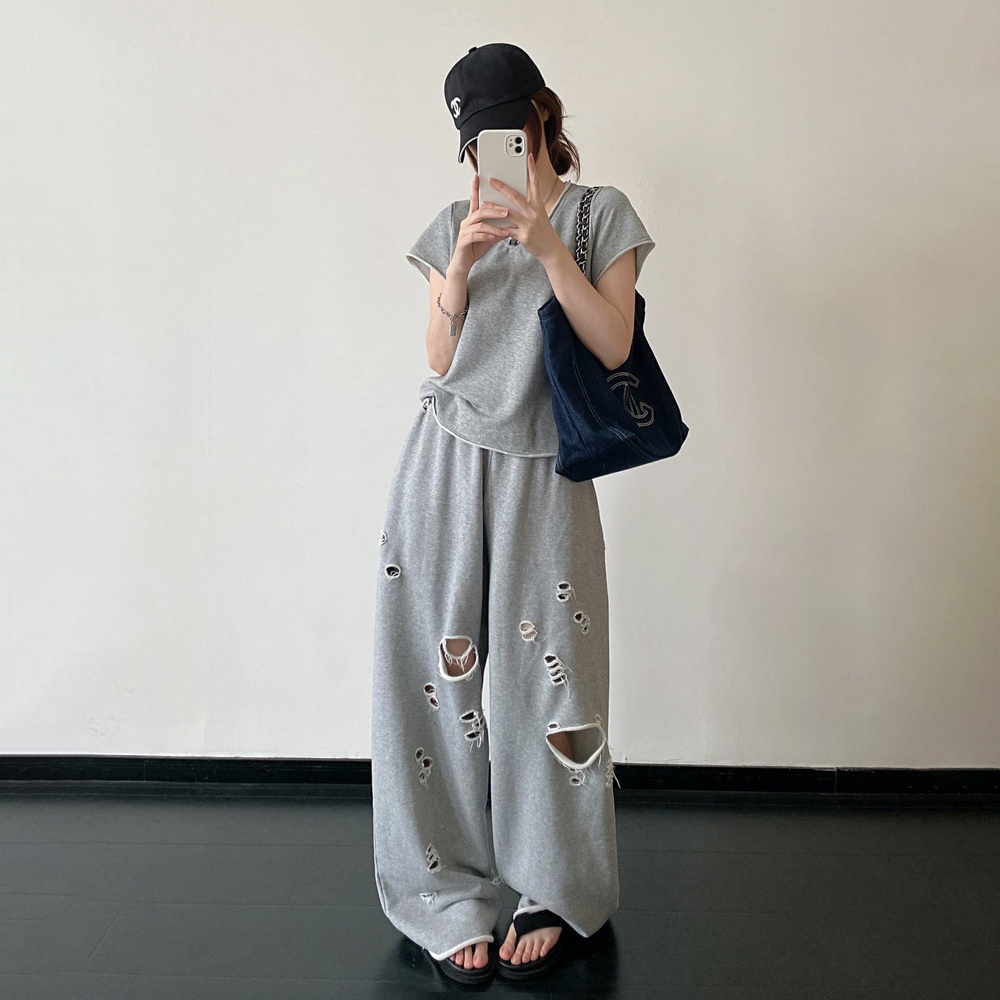 【セットアップ】【単品注文】春夏 半袖Tシャツ＋ワイドパンツ 上下セット グレー ルーズフィット ダメージ風 カジュアル スポーツミックス リラックスコーデ【FCシリーズ】