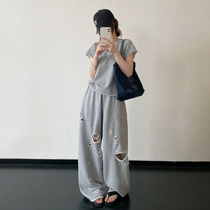 【セットアップ】【単品注文】春夏 半袖Tシャツ＋ワイドパンツ 上下セット グレー ルーズフィット ダメージ風 カジュアル スポーツミックス リラックスコーデ【FCシリーズ】