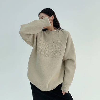 【トップス】ゆるめレトロワッペン刺繍 クルーネックセーター【FCシリーズ】