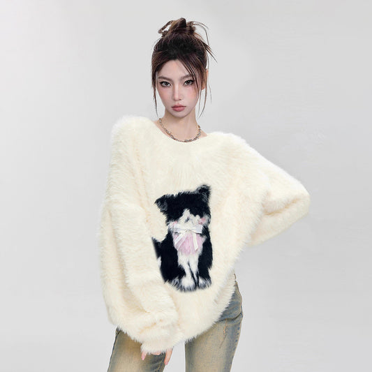 【トップス】ふわふわ 猫モチーフ ミンク風 秋冬 厚手 ゆったり マハラム風 クルーネック セーター【FCシリーズ】