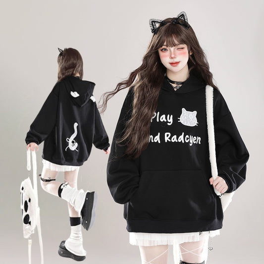 【トップス】猫耳 フード付き スウェット レディース 秋冬 裏起毛 ゆったり かわいい パーカー【FCシリーズ】