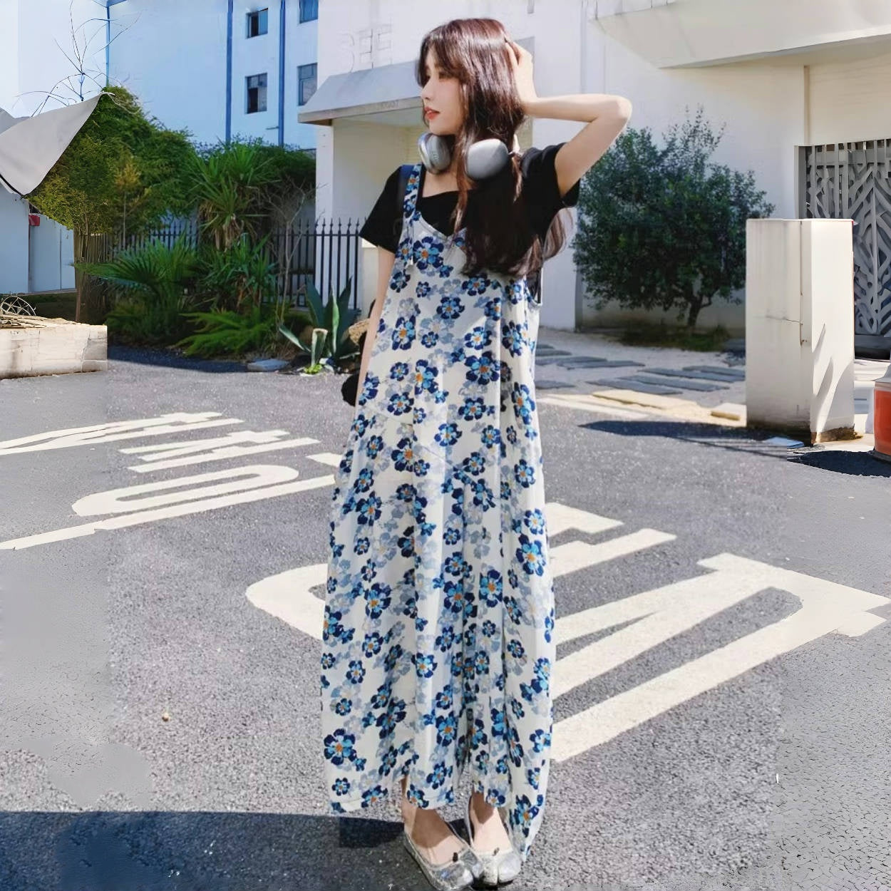 [洋裝] 夏季度假風格花卉圖案寬鬆休閒連身衣 [SH系列]