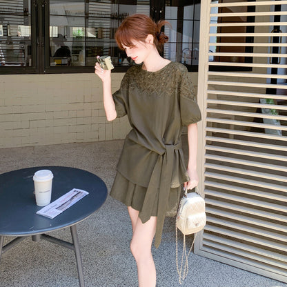 2点セット！【セットアップ】デザイン感 リボン レース 切り替え 夏 かわいい こなれ感 シャツ ショートパンツ 上下セット【JZシリーズ】