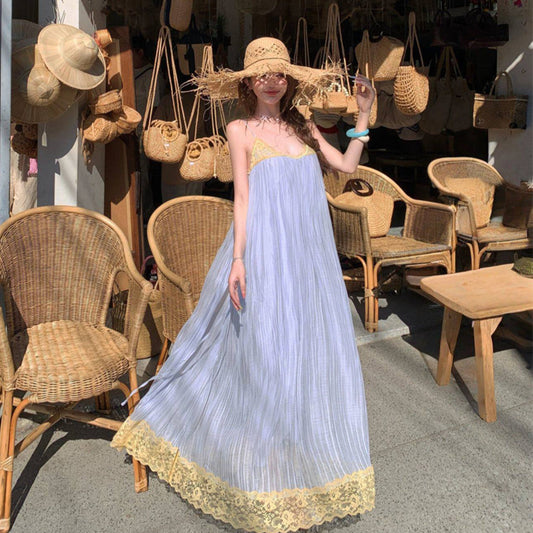 【ワンピース】ブルーロングワンピース シフォン素材 キャミソール ゆったりシルエット リゾート風 ノースリーブ ビーチ映えドレス 旅行 海辺リゾート【SHシリーズ】