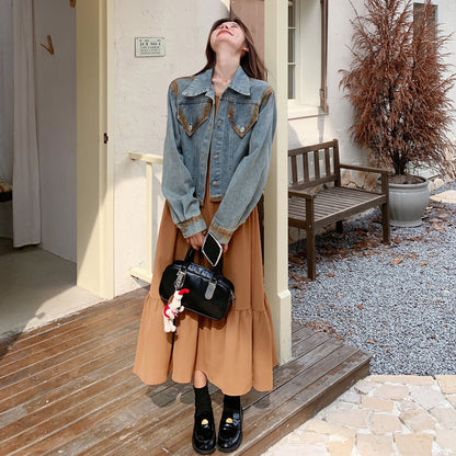 【セットアップ】初秋 韓国風コーデ レトロ デニム ジャケット＋ノースリーブワンピース 細見え 2点セット【JZシリーズ】