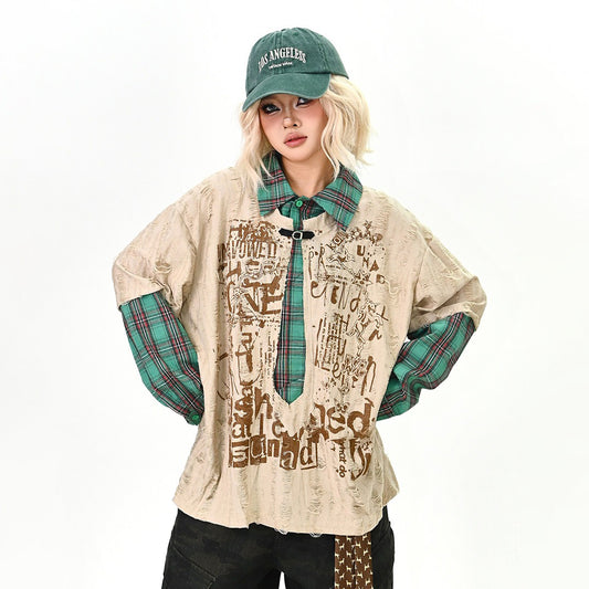 【トップス】春新作 フェイクレイヤード チェック柄ポロシャツ オーバーサイズ BFスタイル ユニセックス Ｔシャツ【FCシリーズ】