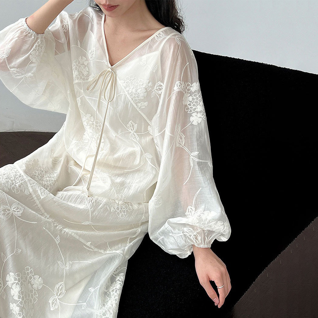 2点セット！【セットアップ】高級刺繍 チュールワンピース＋Vネック キャミワンピースセット 夏新作 バカンス風 ワンピース【JZシリーズ】