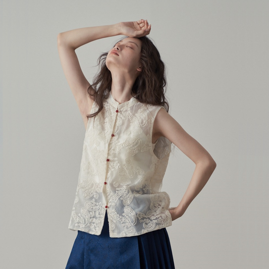 【トップス】夏 新中華風 刺繍  ビーズボタン ノースリーブベスト シャツ 【SHシリーズ】