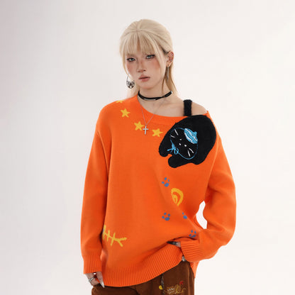 【トップス】アメリカンカジュアル 猫刺繍 オフショルダーニット 秋冬 オレンジ ゆったり レイジー感 セーター【FCシリーズ】