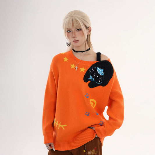 【トップス】アメリカンカジュアル 猫刺繍 オフショルダーニット 秋冬 オレンジ ゆったり レイジー感 セーター【FCシリーズ】