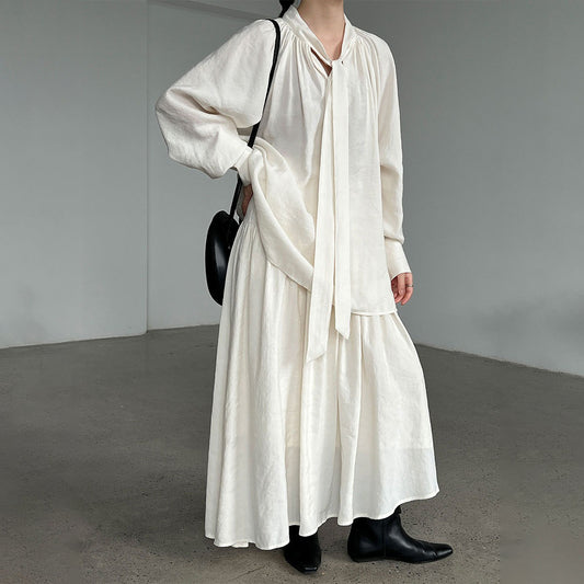 2点セット！【セットアップ】韓国風 気質デザイン リボン付き長袖シャツ＋スカート レディース 秋新作 リラックス感 上下セット【JZシリーズ】