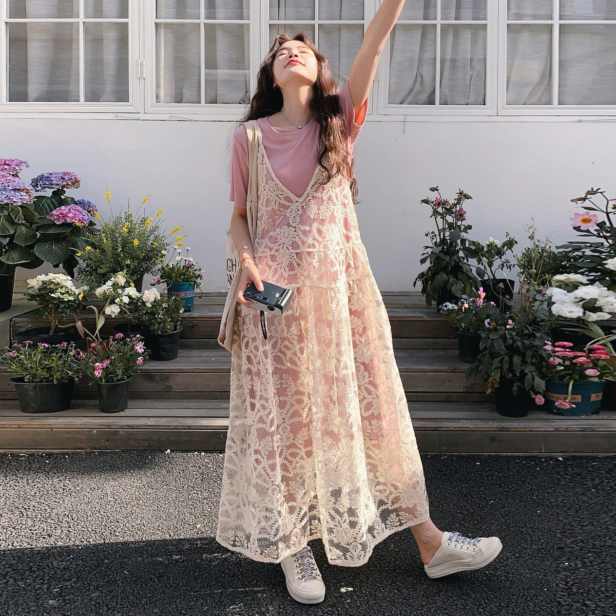 2点セット！【セットアップ】夏新作 シアーシャツ＋Tシャツワンピース レイヤード風 ゆったり 体型カバー カジュアル きれいめ【SHシリーズ】