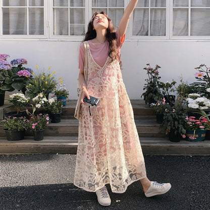 2点セット！【セットアップ】夏新作 シアーシャツ＋Tシャツワンピース レイヤード風 ゆったり 体型カバー カジュアル きれいめ【SHシリーズ】