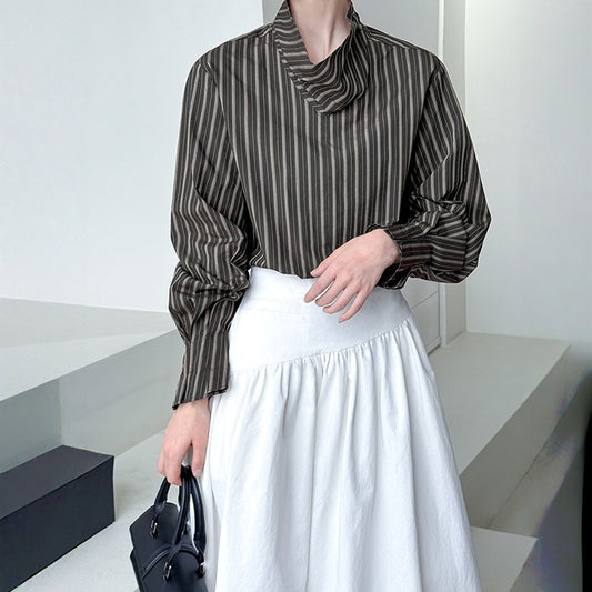 【トップス】春 秋 冬 ストライプ 着回しやすい 立襟 シャツ 【JZシリーズ】