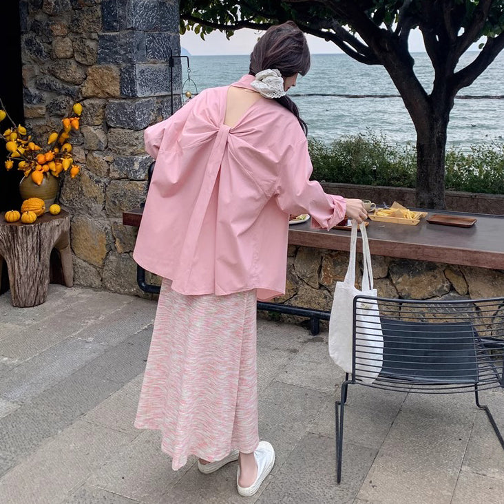 2点セット！【セットアップ】後ろリボンシャツ＋ピンクボーダー ニットノースリーブワンピース 2点セット 春秋 韓国系 おしゃれ可愛い レディースコーデ【SHシリーズ】