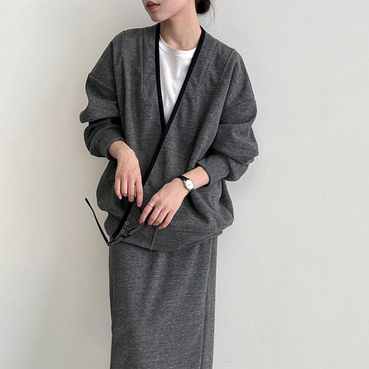 【セットアップ】ふんわりウール斜めボタン切り替えトップス＋ハイウエストスカート 上下セット【JZシリーズ】