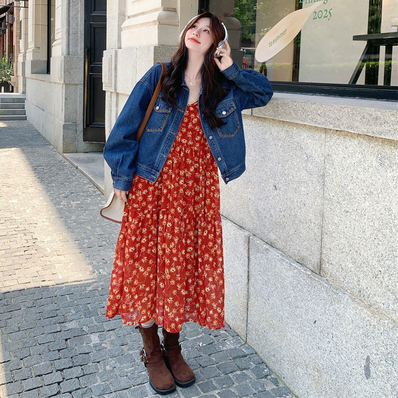 【セットアップ 】超可愛い レトロデニムジャケット＋花柄キャミワンピース レディース おしゃれ 人気ノースリーブワンピース【SHシリーズ】