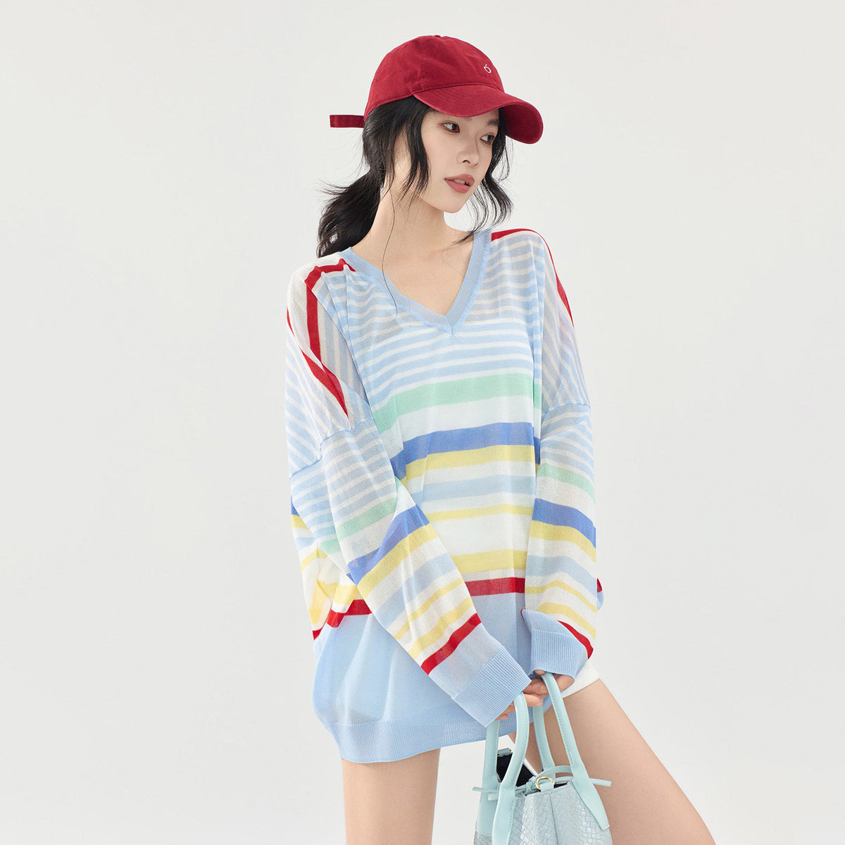 【トップス】カラーボーダーVネックニットトップス レディース 夏新作 長袖 薄手 透け感 シアー ゆったり Tシャツ【FCシリーズ】