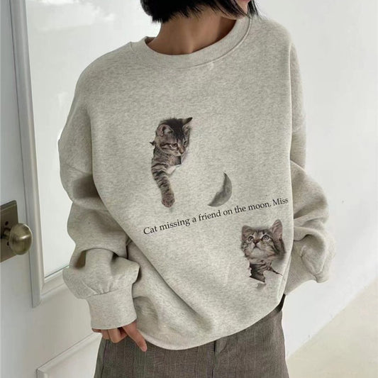 60%OFF！【トップス】シンプル可愛い猫柄プリント パーカー ドロップショルダー ゆったりクルーネック プルオーバースウェット【FCシリーズ】