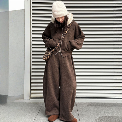 【セットアップ】【単品注文】ファー襟 スウェットアウター + カーブ ワイドパンツ 2点上下セット 【JZシリーズ】
