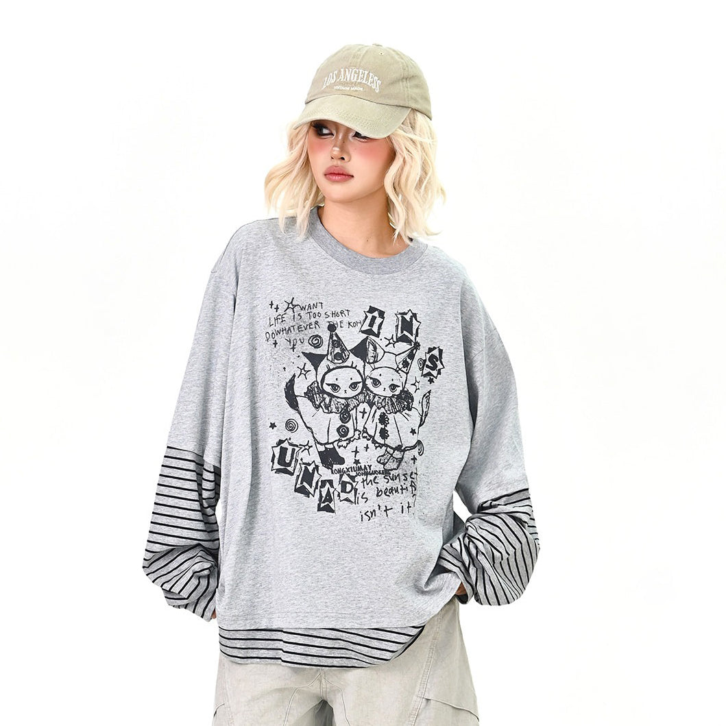 【トップス】レイヤード風 カートゥーン×ボーダー 長袖Tシャツ オーバーサイズ ルーズフィット【FCシリーズ】