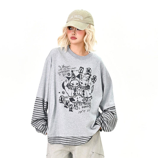 【トップス】レイヤード風 カートゥーン×ボーダー 長袖Tシャツ オーバーサイズ ルーズフィット【FCシリーズ】