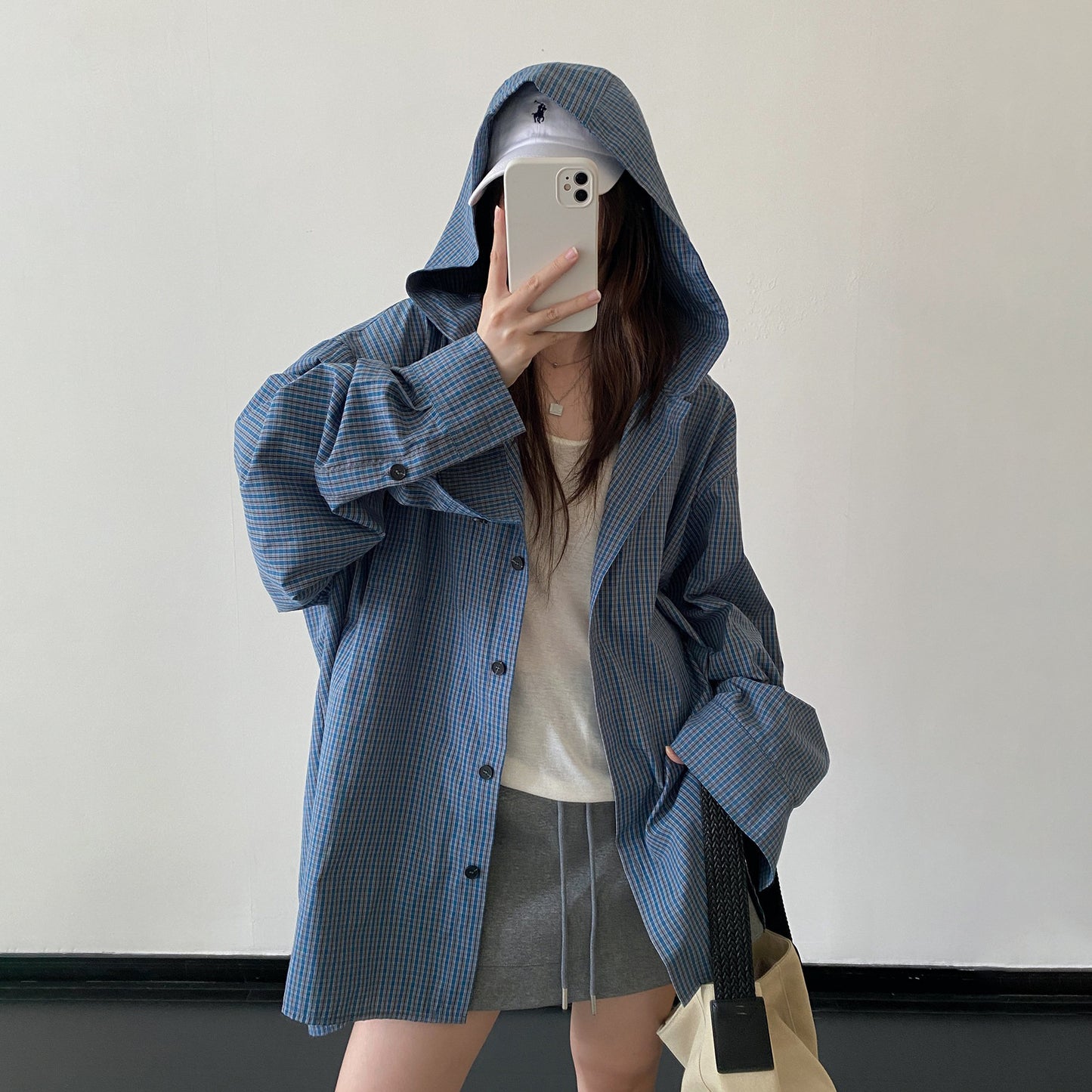 【アウター】ブルー系チェック フード付き ドローストリング オーバーサイズ 体型カバー シャツカーディガン【FCシリーズ】